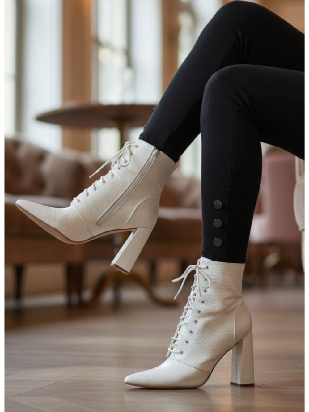 White Lace-Up Chunky Heel Ankle Boots With Croc-Embossed Texture & Side Zipper D